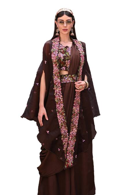 Label Deepshika Agarwal Brown Organza, , Satin Sequins, Gardenia Cape Palazzo Set Online at Aza Fashions Label Deepshika Agarwal_Brown Organza, , Satin Sequins, Gardenia Cape Palazzo Set _Online_at_Aza_Fashions