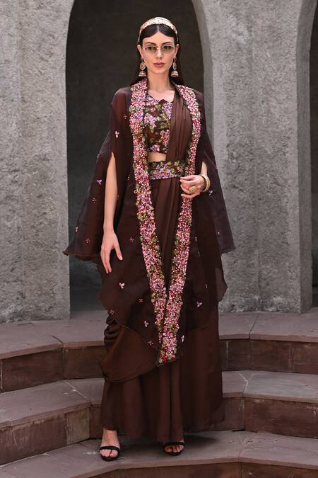 Buy_Label Deepshika Agarwal_Brown Organza, , Satin Sequins, Gardenia Cape Palazzo Set _Online_at_Aza_Fashions
