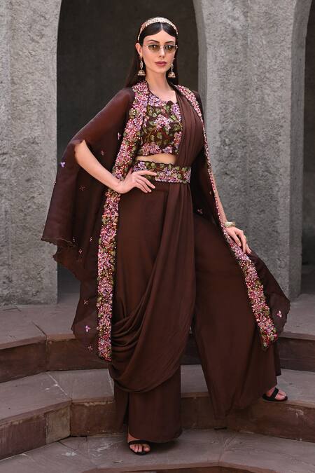 Shop_Label Deepshika Agarwal_Brown Organza, , Satin Sequins, Gardenia Cape Palazzo Set _Online_at_Aza_Fashions