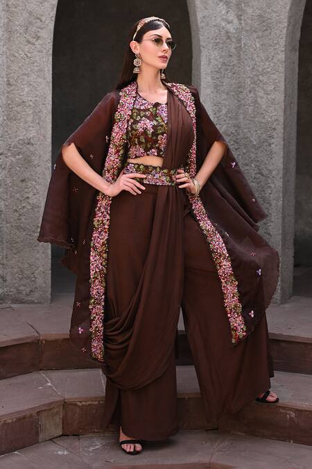 Label Deepshika Agarwal_Brown Organza, , Satin Sequins, Gardenia Cape Palazzo Set _at_Aza_Fashions
