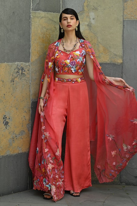 Shop_Label Deepshika Agarwal_Peach Organza, Silk Satin Sequins, Cut Work, Embroidery Phool Cape Palazzo Set _at_Aza_Fashions