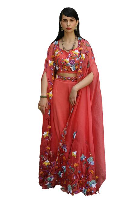 Label Deepshika Agarwal Peach Organza, Silk Satin Sequins, Cut Work, Embroidery Phool Cape Palazzo Set Online at Aza Fashions Label Deepshika Agarwal_Peach Organza, Silk Satin Sequins, Cut Work, Embroidery Phool Cape Palazzo Set _Online_at_Aza_Fashions