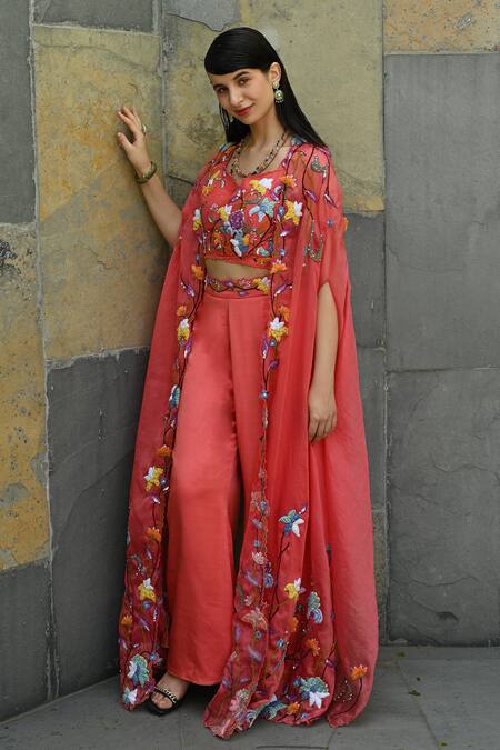 Buy_Label Deepshika Agarwal_Peach Organza, Silk Satin Sequins, Cut Work, Embroidery Phool Cape Palazzo Set _Online_at_Aza_Fashions