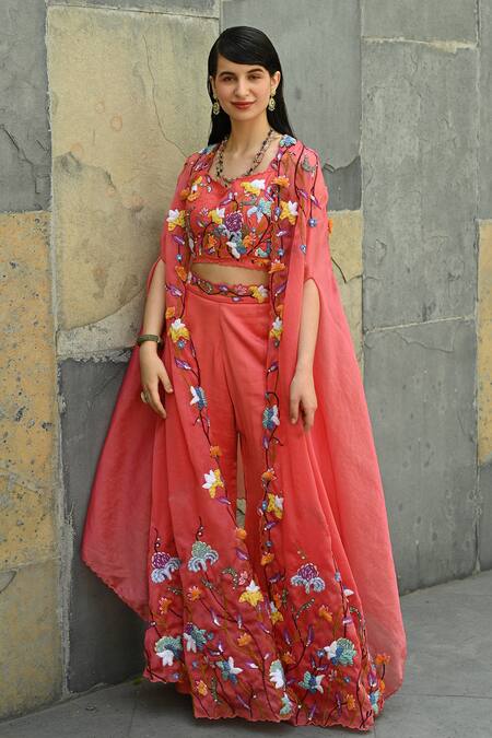 Label Deepshika Agarwal_Peach Organza, Silk Satin Sequins, Cut Work, Embroidery Phool Cape Palazzo Set _at_Aza_Fashions