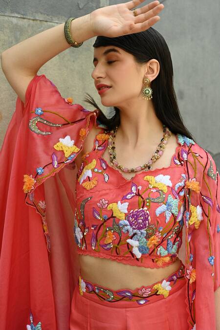 Buy_Label Deepshika Agarwal_Peach Organza, Silk Satin Sequins, Cut Work, Embroidery Phool Cape Palazzo Set 