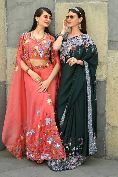 Shop_Label Deepshika Agarwal_Peach Organza, Silk Satin Sequins, Cut Work, Embroidery Phool Cape Palazzo Set 