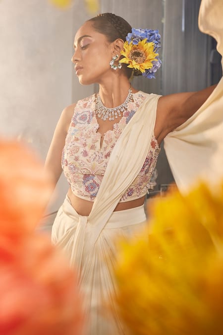 Label Deepshika Agarwal_Cream Beads, Sequins V-neck French Fleur Embroidered Crop Top With Draped Skirt _Online_at_Aza_Fashions