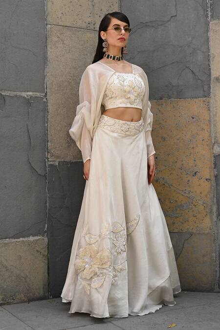 Buy_Label Deepshika Agarwal_Off White Embroidery, Sequins, Pearls Dahlia Patch Lehenga With Blouse _Online_at_Aza_Fashions