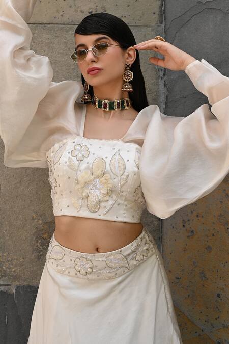 Shop_Label Deepshika Agarwal_Off White Embroidery, Sequins, Pearls Dahlia Patch Lehenga With Blouse _Online_at_Aza_Fashions