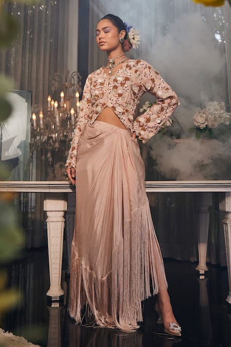 Label Deepshika Agarwal Beige Couture Silk Lining Top With Fringe Embellished Cowl Draped Skirt
