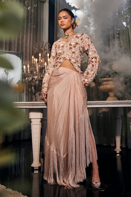 Label Deepshika Agarwal Buttercup Embroidered Top With Fringe Embellished Cowl Draped Skirt 