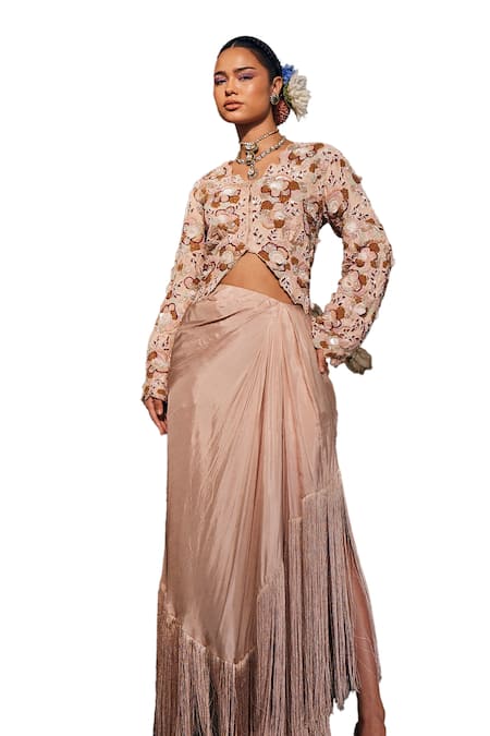 Label Deepshika Agarwal_Beige Cotton, Silk Buttercup Embroidered Top With Embellished Cowl Draped Skirt _Online_at_Aza_Fashions