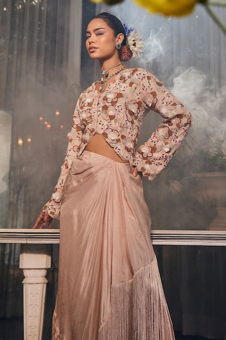 Shop_Label Deepshika Agarwal_Beige Cotton, Silk Buttercup Embroidered Top With Embellished Cowl Draped Skirt _Online_at_Aza_Fashions