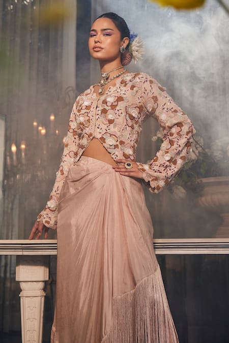 Label Deepshika Agarwal_Beige Cotton, Silk Buttercup Embroidered Top With Embellished Cowl Draped Skirt _at_Aza_Fashions