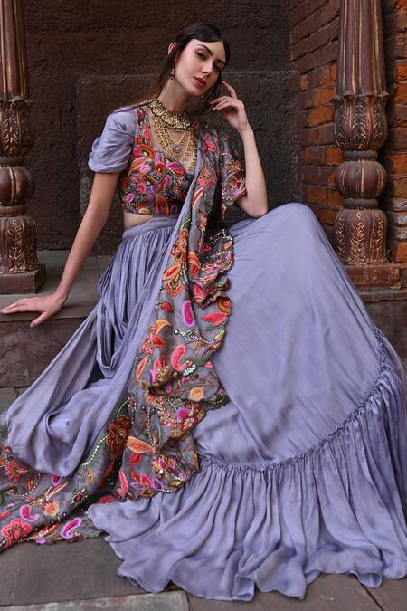 Label Deepshika Agarwal_Purple Cotton, Satin, Organza, Taffeta Bloom Garden Embroidered Lehenga Set _Online_at_Aza_Fashions