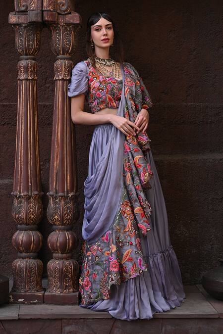 Buy_Label Deepshika Agarwal_Purple Cotton, Satin, Organza, Taffeta Bloom Garden Embroidered Lehenga Set _Online_at_Aza_Fashions