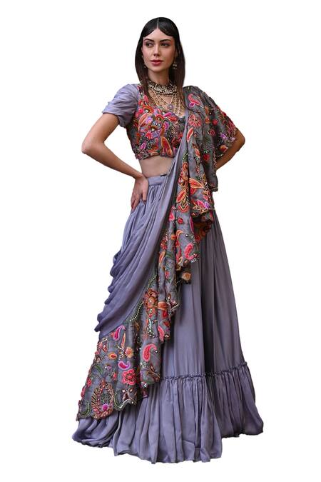 Shop_Label Deepshika Agarwal_Purple Cotton, Satin, Organza, Taffeta Bloom Garden Embroidered Lehenga Set _Online_at_Aza_Fashions