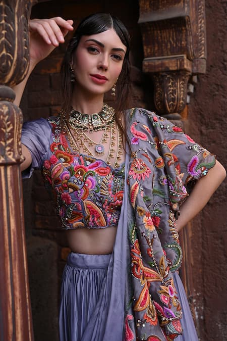 Label Deepshika Agarwal_Purple Cotton, Satin, Organza, Taffeta Bloom Garden Embroidered Lehenga Set _at_Aza_Fashions