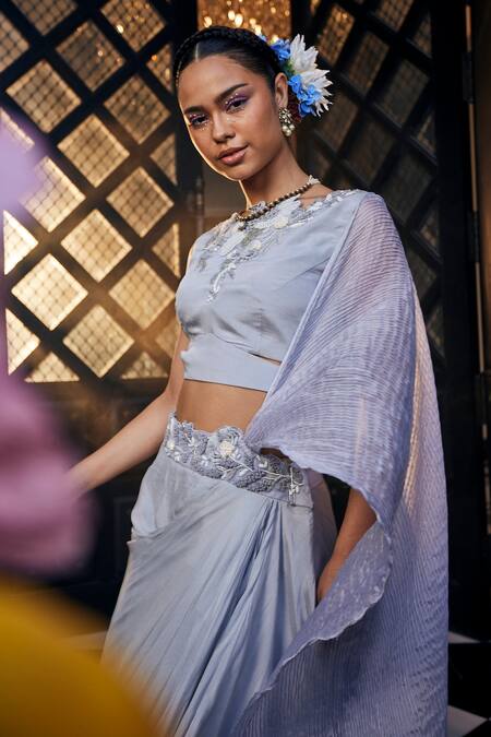 Buy_Label Deepshika Agarwal_Grey Silk Embroidery Boat Neck Bird Paradise Blouse With Draped Skirt _Online_at_Aza_Fashions
