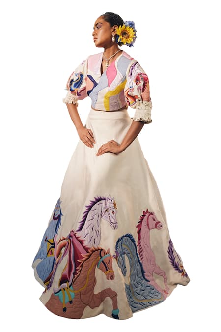 Label Deepshika Agarwal White Linen, Satin, Taffeta Applique, Horse Carnival Lehenga With Blouse Online at Aza Fashions Label Deepshika Agarwal_White Linen, Satin, Taffeta Applique, Horse Carnival Lehenga With Blouse _Online_at_Aza_Fashions