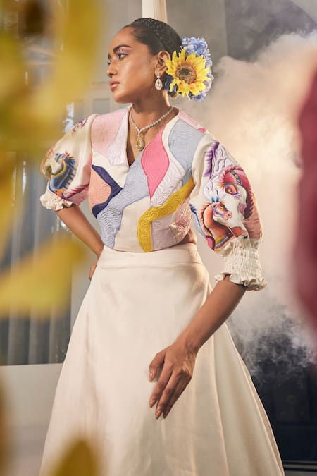 Shop_Label Deepshika Agarwal_White Linen, Satin, Taffeta Applique, Horse Carnival Lehenga With Blouse _Online_at_Aza_Fashions