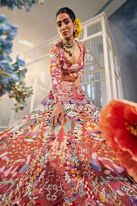 Buy_Label Deepshika Agarwal_Orange Cotton, Silk, Organza Sequins, Patchwork, Lake Mosaic Lehenga Set _Online_at_Aza_Fashions