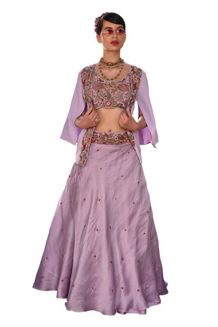 Label Deepshika Agarwal_Purple Silk, Cotton Sequins, Patchwork, Embroidery Round Ambrosia Lehenga Set _Online_at_Aza_Fashions