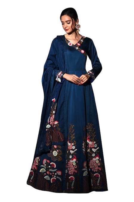 Label Deepshika Agarwal_Blue Silk Sequins, Embroidery V-neck Peacock Anarkali With Dupatta _Online_at_Aza_Fashions