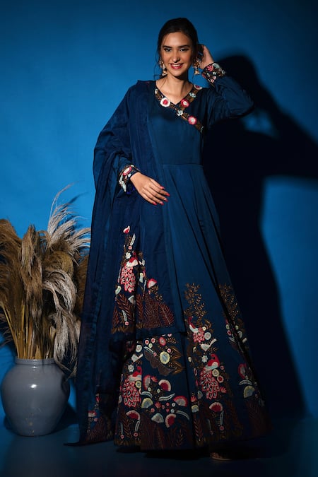Buy_Label Deepshika Agarwal_Blue Silk Sequins, Embroidery V-neck Peacock Anarkali With Dupatta _Online_at_Aza_Fashions