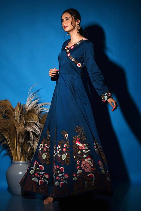 Shop_Label Deepshika Agarwal_Blue Silk Sequins, Embroidery V-neck Peacock Anarkali With Dupatta _Online_at_Aza_Fashions