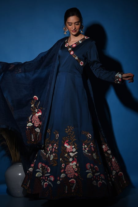 Label Deepshika Agarwal_Blue Silk Sequins, Embroidery V-neck Peacock Anarkali With Dupatta _at_Aza_Fashions