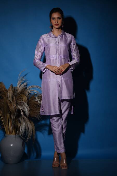 Label Deepshika Agarwal_Purple Silk Embroidery Collared Pintucked Kurta And Pant Set _Online_at_Aza_Fashions