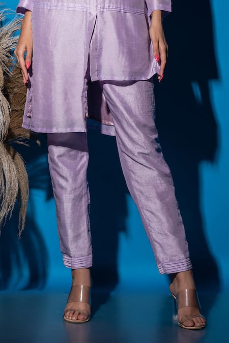 Shop_Label Deepshika Agarwal_Purple Silk Embroidery Collared Pintucked Kurta And Pant Set _Online_at_Aza_Fashions
