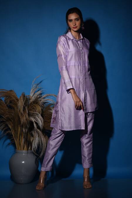Label Deepshika Agarwal_Purple Silk Embroidery Collared Pintucked Kurta And Pant Set _at_Aza_Fashions