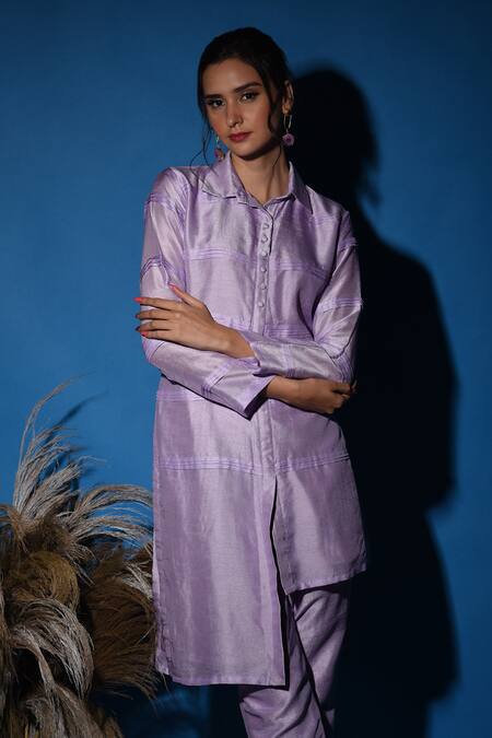 Buy_Label Deepshika Agarwal_Purple Silk Embroidery Collared Pintucked Kurta And Pant Set 