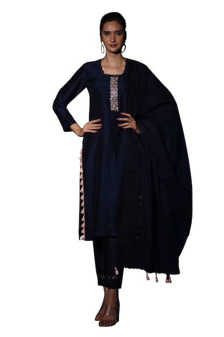 Label Deepshika Agarwal_Blue Silk, Organza Sequins, Fringe, Embroidery, Tassels Collared Kurta Pant Set _Online_at_Aza_Fashions