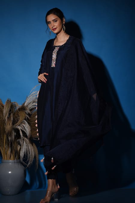 Buy_Label Deepshika Agarwal_Blue Silk, Organza Sequins, Fringe, Embroidery, Tassels Collared Kurta Pant Set _Online_at_Aza_Fashions