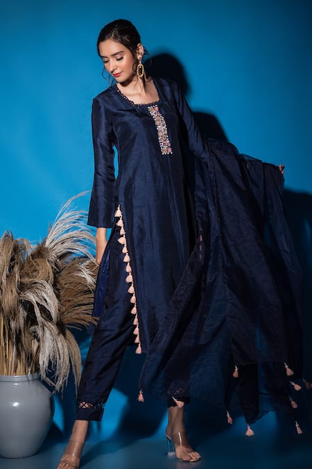 Shop_Label Deepshika Agarwal_Blue Silk, Organza Sequins, Fringe, Embroidery, Tassels Collared Kurta Pant Set _Online_at_Aza_Fashions