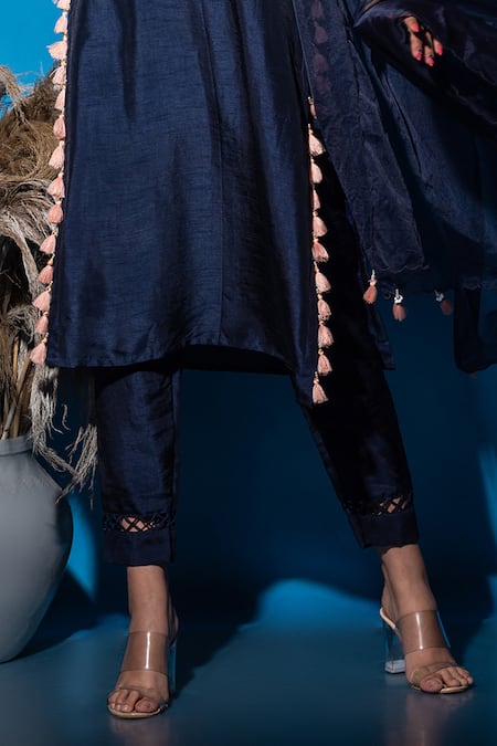 Label Deepshika Agarwal_Blue Silk, Organza Sequins, Fringe, Embroidery, Tassels Collared Kurta Pant Set _at_Aza_Fashions