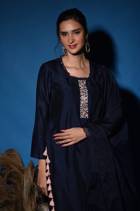 Shop_Label Deepshika Agarwal_Blue Silk, Organza Sequins, Fringe, Embroidery, Tassels Collared Kurta Pant Set 