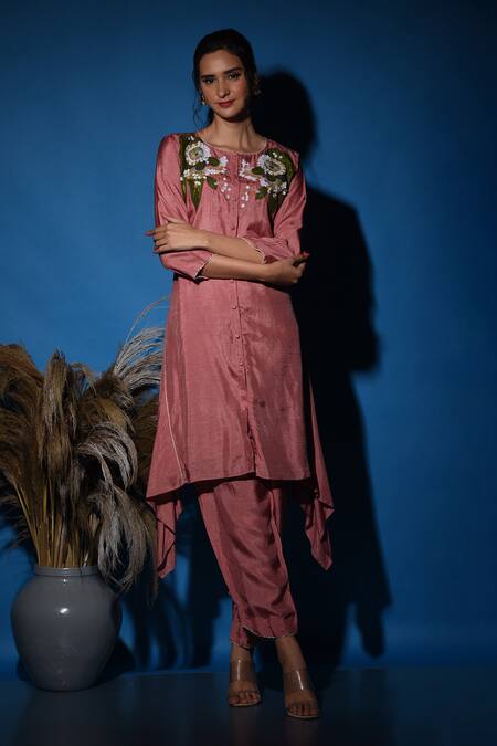 Shop_Label Deepshika Agarwal_Pink Silk Embroidery Round Neck Floral Thread Kurta And Pant Set _Online_at_Aza_Fashions