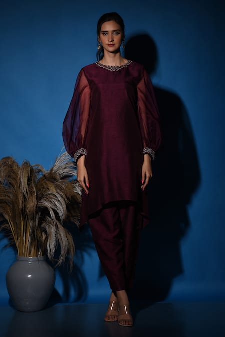Label Deepshika Agarwal_Wine Silk, Organza Embroidery, Sequins Round Ballloon Sleeve Kurta With Pant _Online_at_Aza_Fashions
