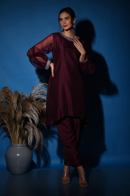 Shop_Label Deepshika Agarwal_Wine Silk, Organza Embroidery, Sequins Round Ballloon Sleeve Kurta With Pant _Online_at_Aza_Fashions