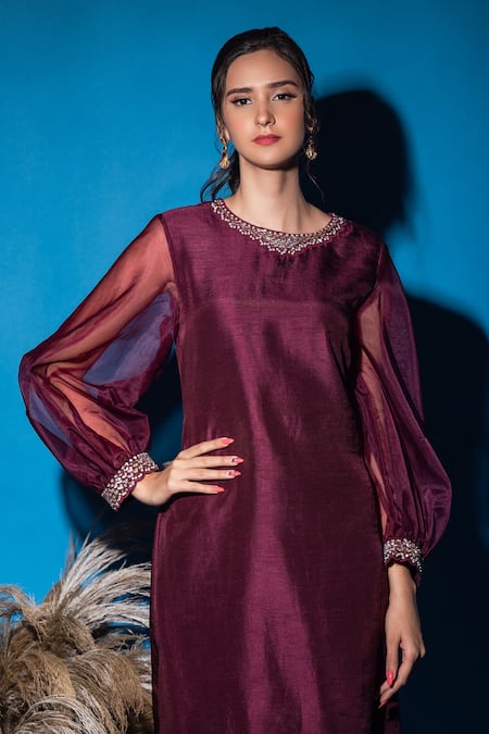 Shop_Label Deepshika Agarwal_Wine Silk, Organza Embroidery, Sequins Round Ballloon Sleeve Kurta With Pant 