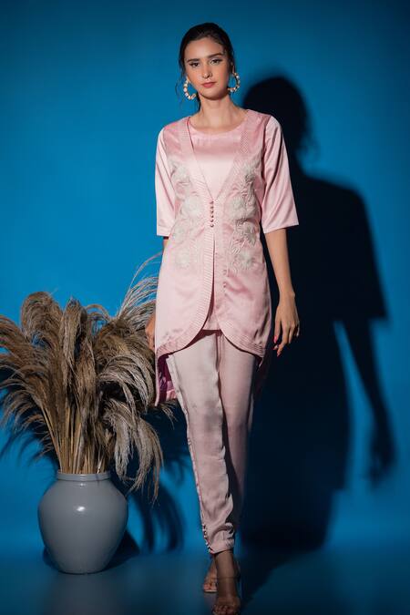 Shop_Label Deepshika Agarwal_Pink Satin Embroidery Round Neck Floral Jacket Kurta And Pant Set _Online_at_Aza_Fashions