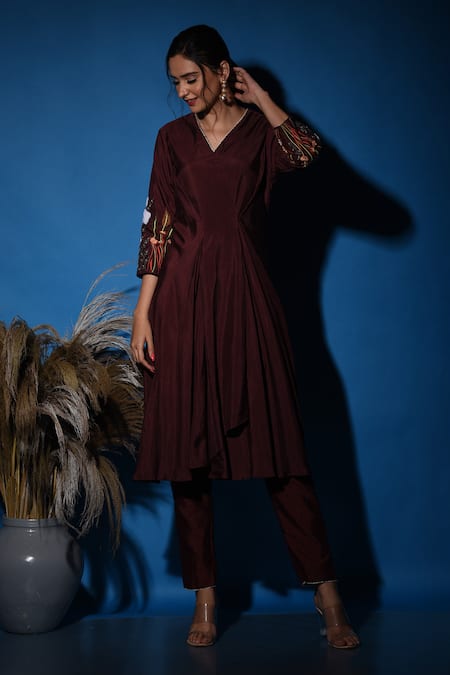 Label Deepshika Agarwal_Brown Silk Sequins, Embroidery V-neck Coffee Floral Kurta Pant Set _Online_at_Aza_Fashions