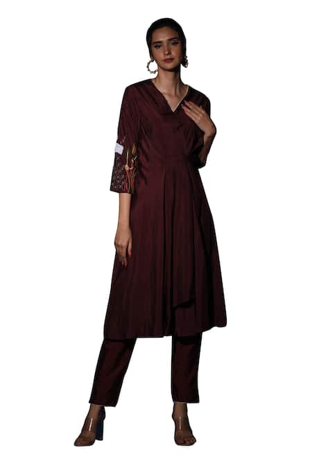 Buy_Label Deepshika Agarwal_Brown Silk Sequins, Embroidery V-neck Coffee Floral Kurta Pant Set _Online_at_Aza_Fashions