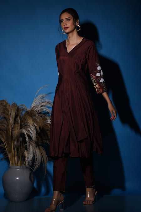 Shop_Label Deepshika Agarwal_Brown Silk Sequins, Embroidery V-neck Coffee Floral Kurta Pant Set _Online_at_Aza_Fashions
