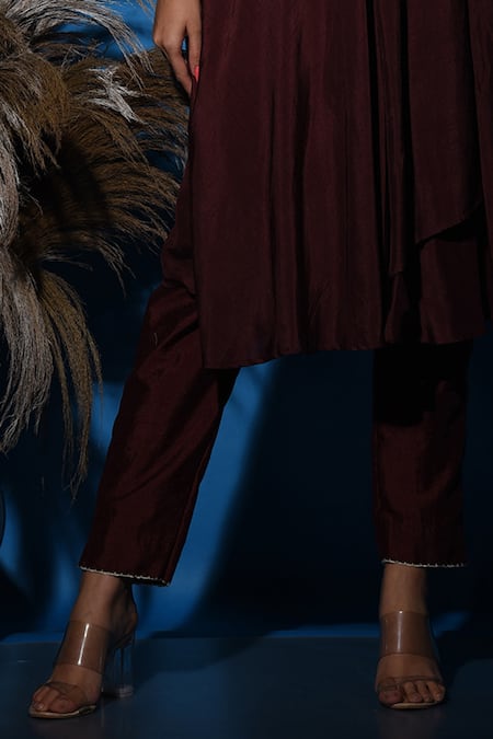 Label Deepshika Agarwal_Brown Silk Sequins, Embroidery V-neck Coffee Floral Kurta Pant Set _at_Aza_Fashions