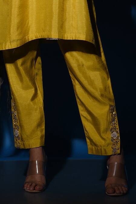 Shop_Label Deepshika Agarwal_Yellow Silk, Satin, Organza Sequins, Embroidery V-neck Kurta Pant Set 